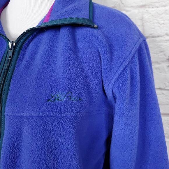 LL Bean Fleece Jacket Periwinkle Blue Green Trim 1990s Full Zip Script Sz XS/S - Picture 3 of 12